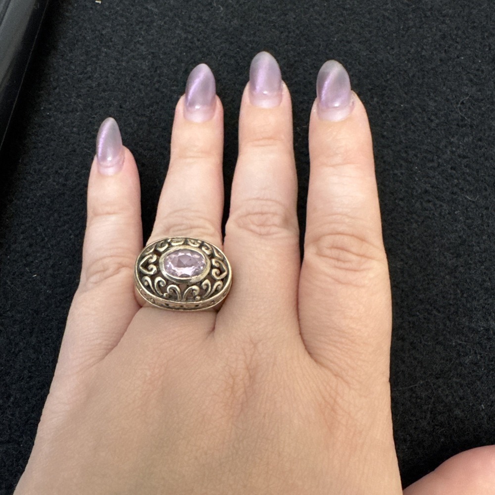 Barse 925 Sterling Silver Heavy Statement Filigree Amethyst Ring Sz 8.25 Estate - Picture 7 of 7